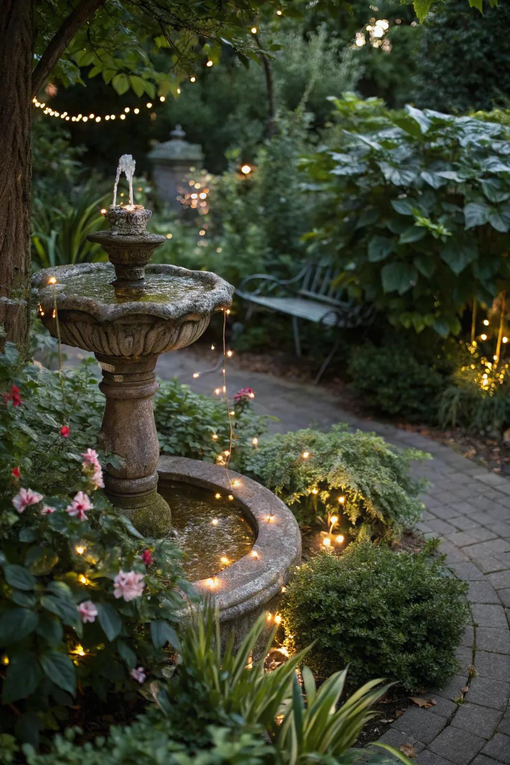 Twinkle lights beautifully highlight garden elements.