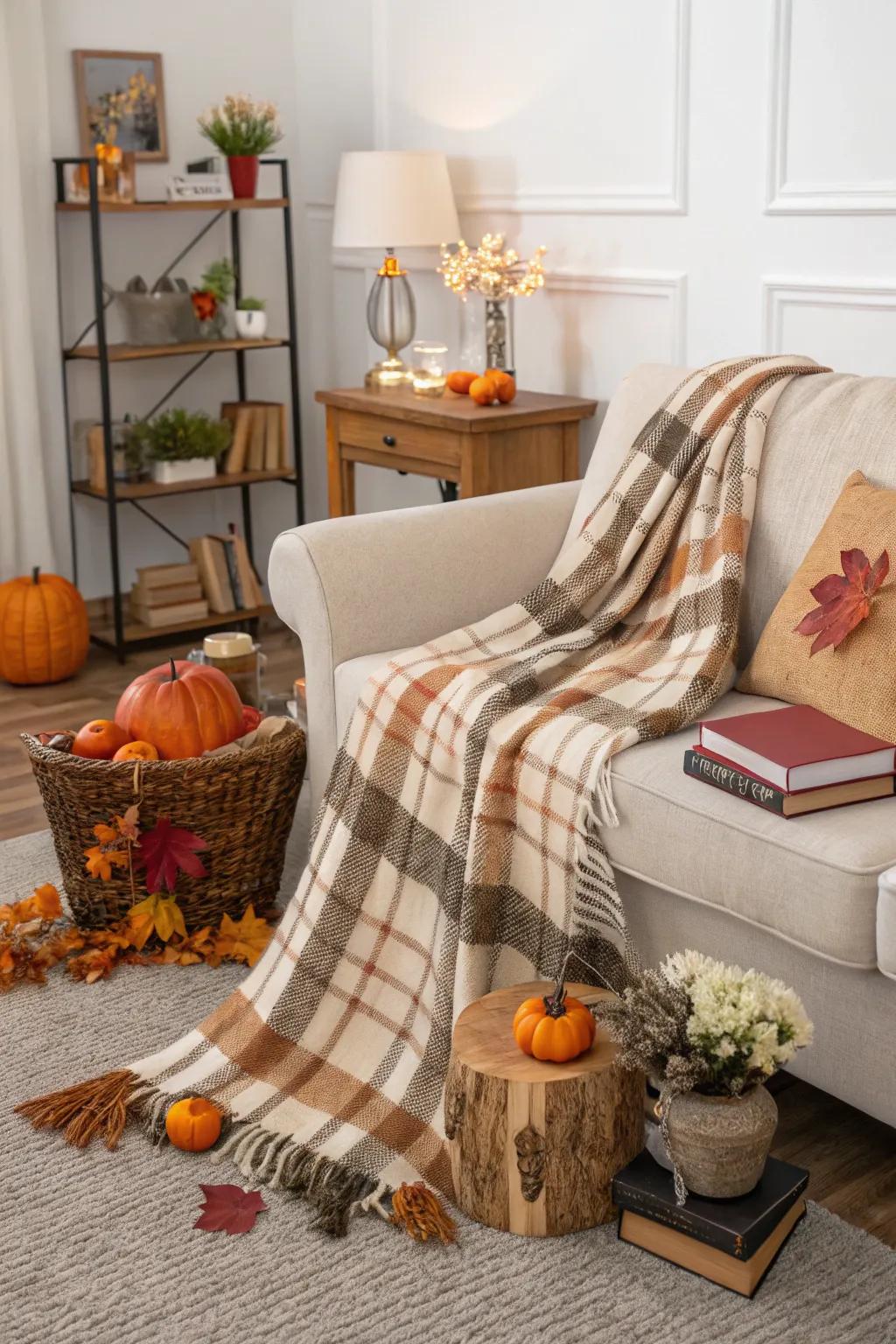 Tartan textiles incorporate warmth and flair to an autumn-themed living space.