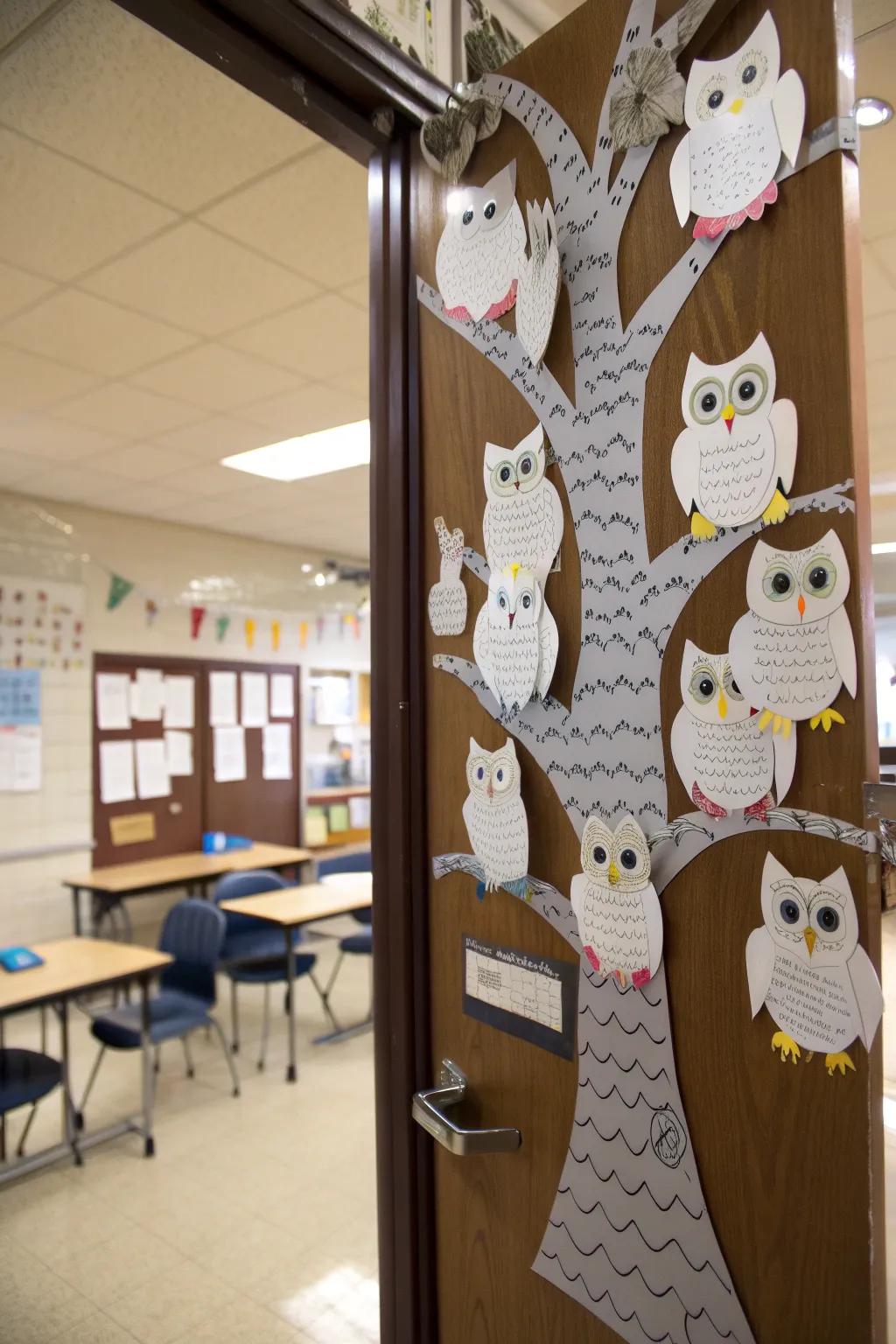 Owl-inspired entrance decor featuring student quotes.
