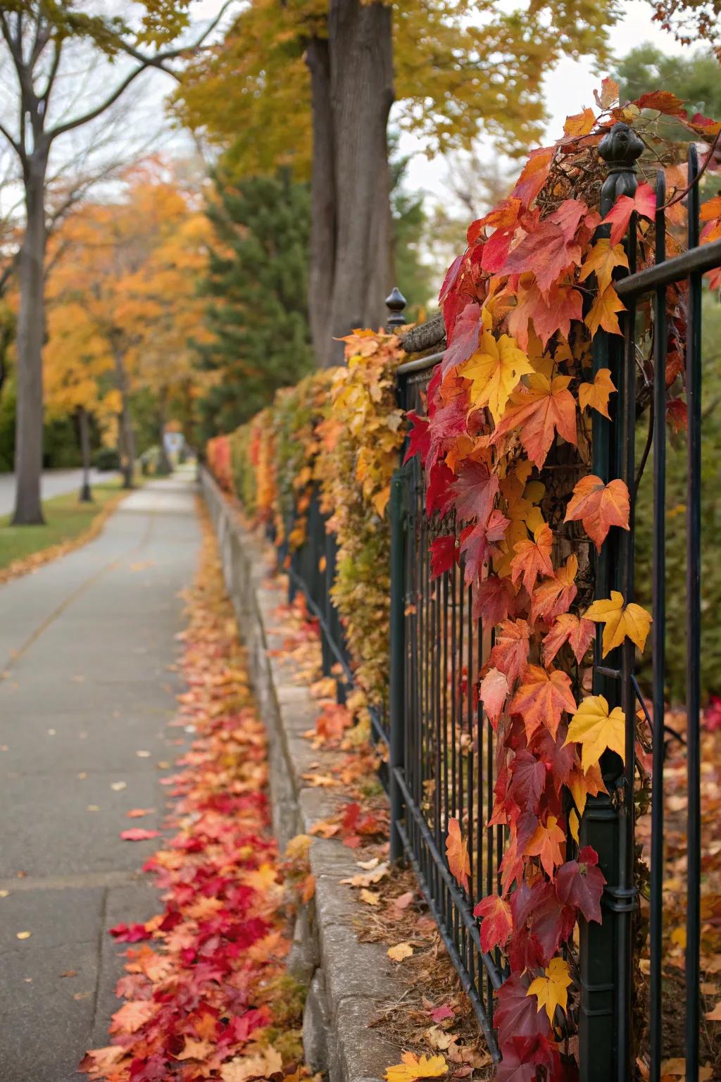 Garlands of autumn leaves gracefully drape a fence.