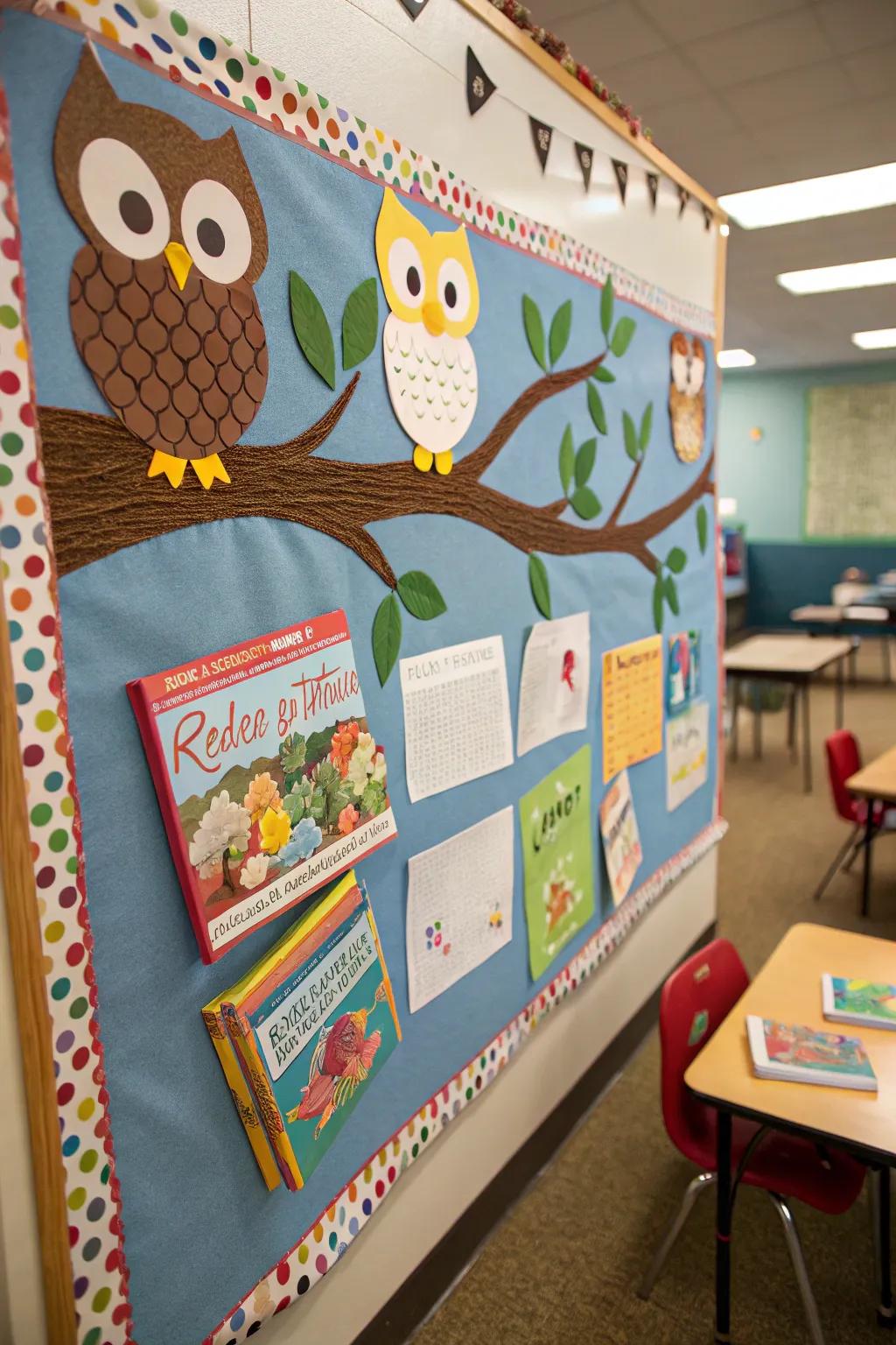 A delightful bulletin board themed with owls which celebrates reading.