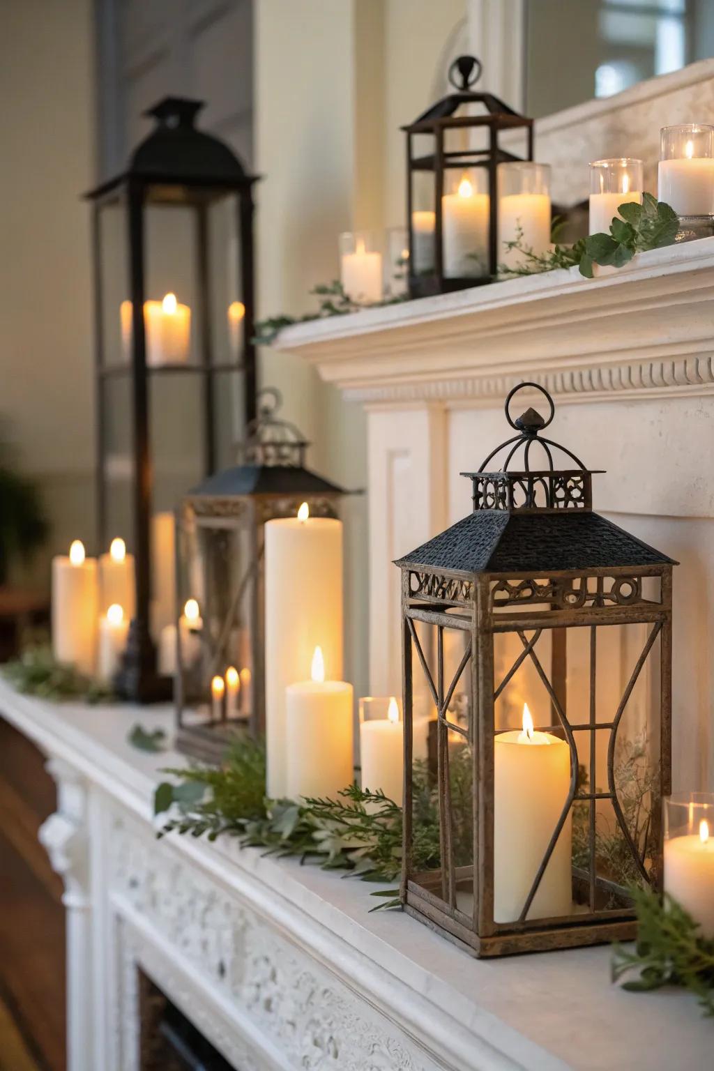Tapers and luminaries arranged symmetrically on a fall mantel.