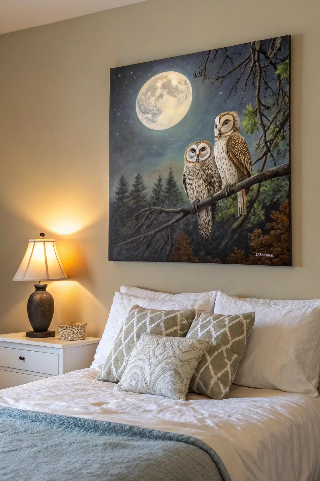 Owls beneath a moonlit sky capture a sense of nighttime affection.