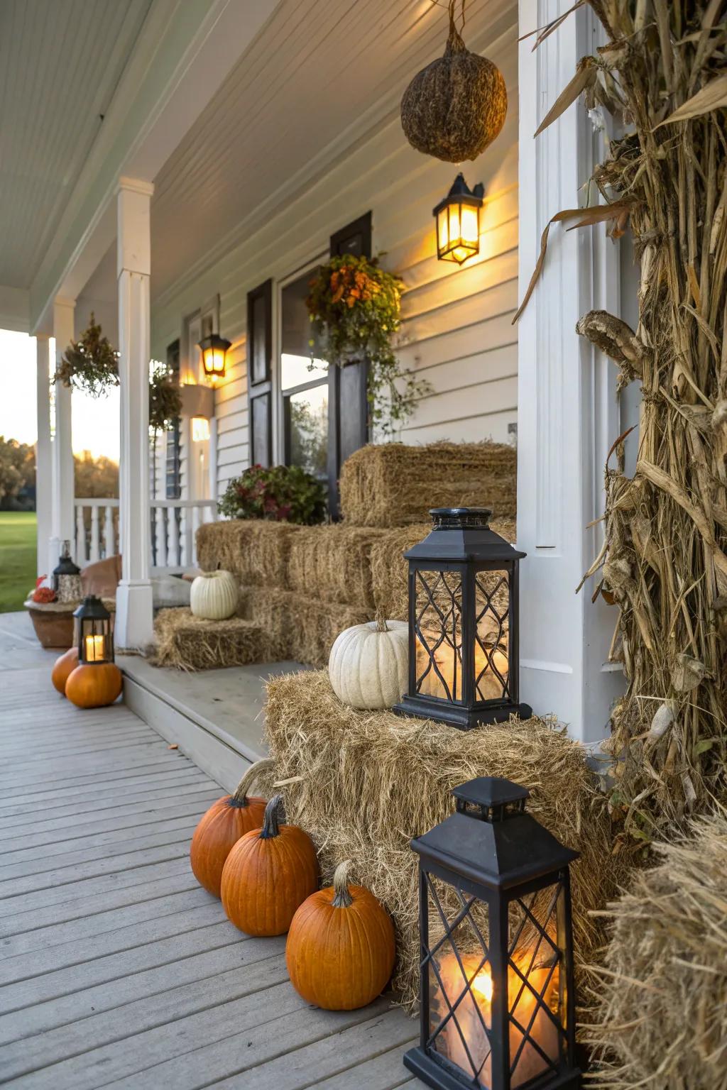 Countryside fodder bundles and maize stalks furnish an appealing backdrop for fall decor.