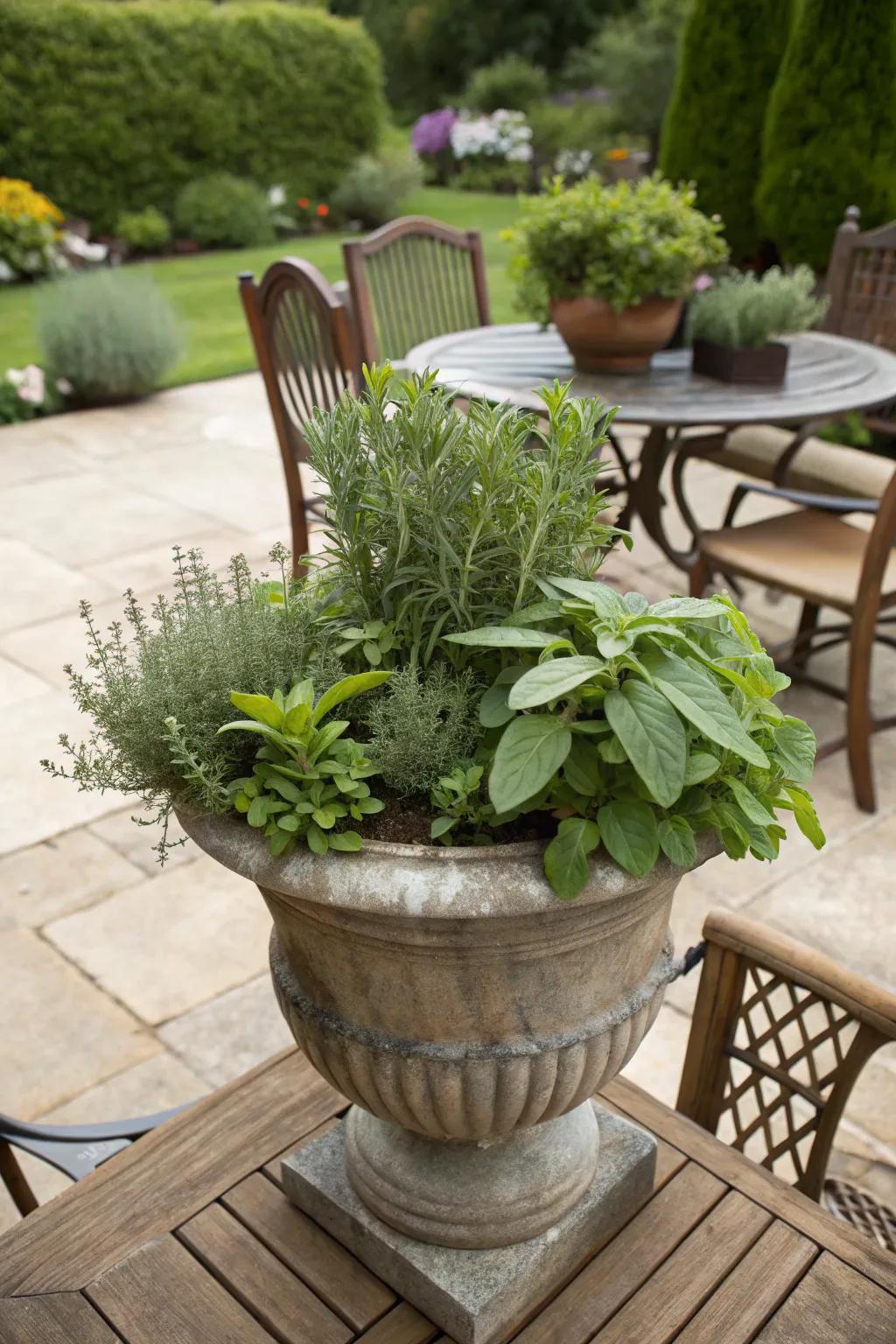 Fragrant herbs in a fall container arrangement.