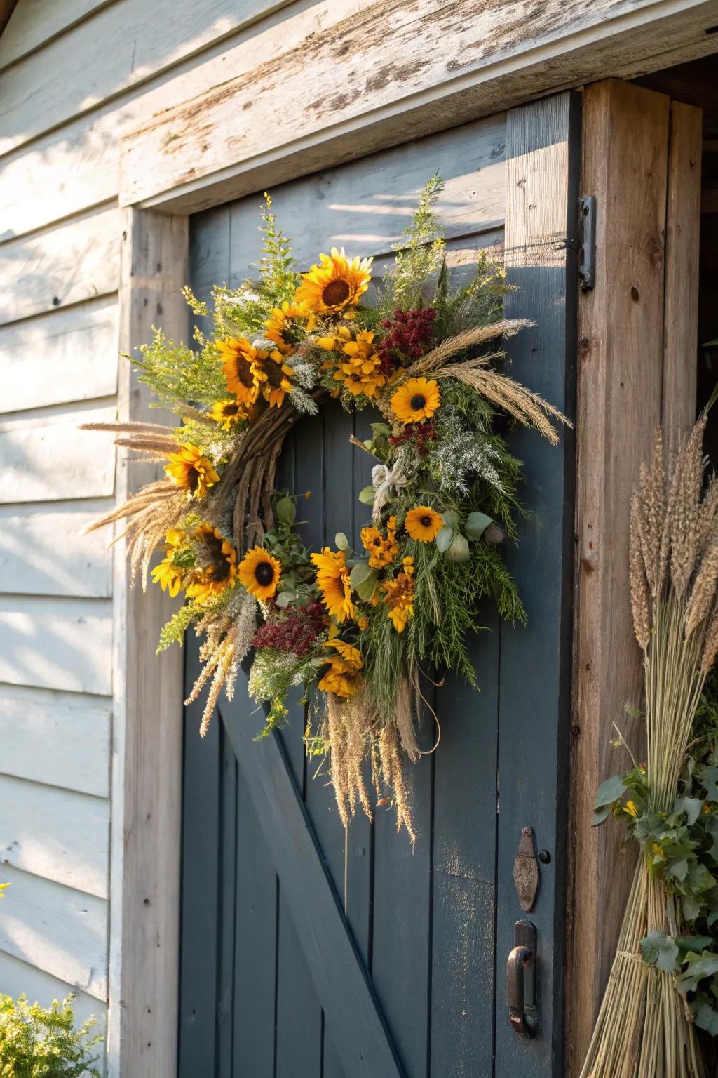 Sunflowers and cereal stalks bring the essence of harvest to your entrance.