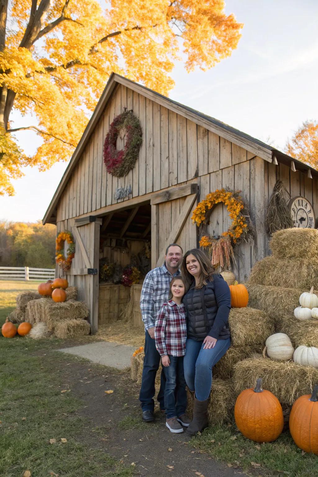 A weathered barn provides a picturesque and timeless backdrop for family photos.