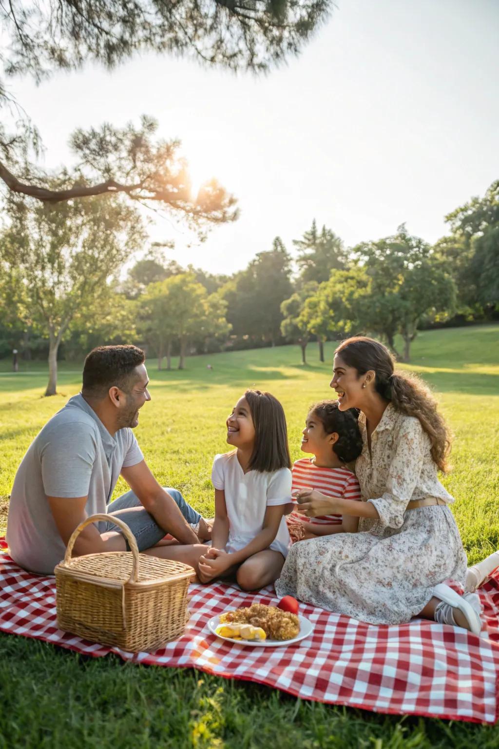 A genuine family moment, relishing the simple pleasures of sharing a picnic.