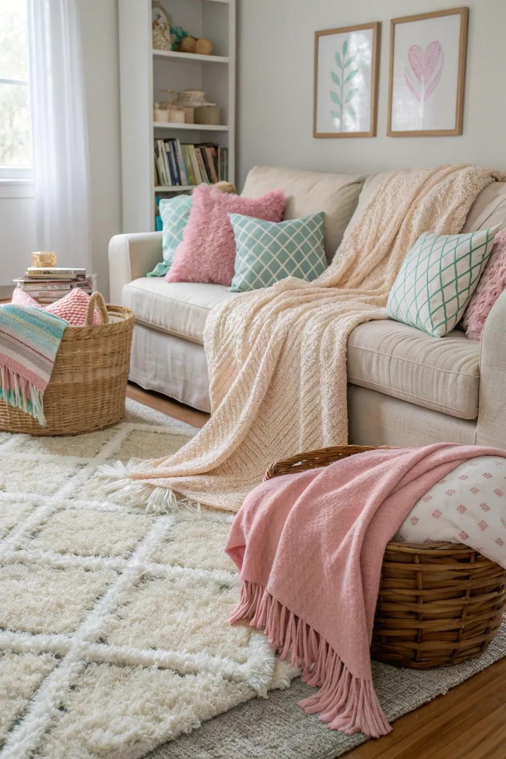 A comfortable family room enhanced with layers of fabrics.