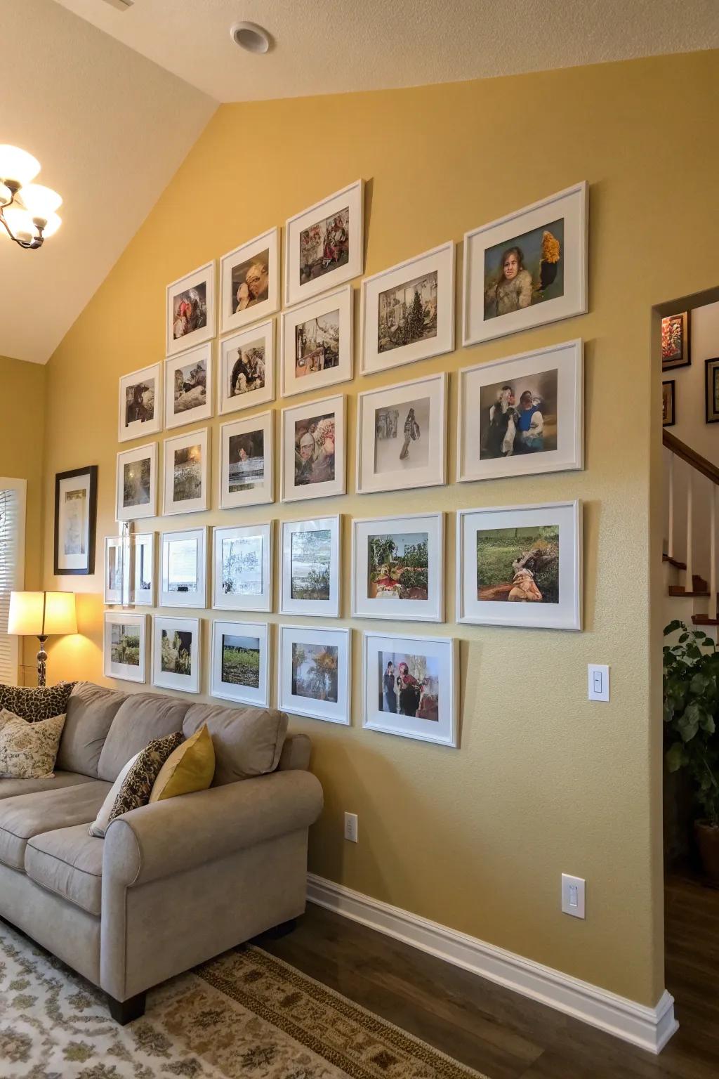 Symmetry instills order to a family photo wall.