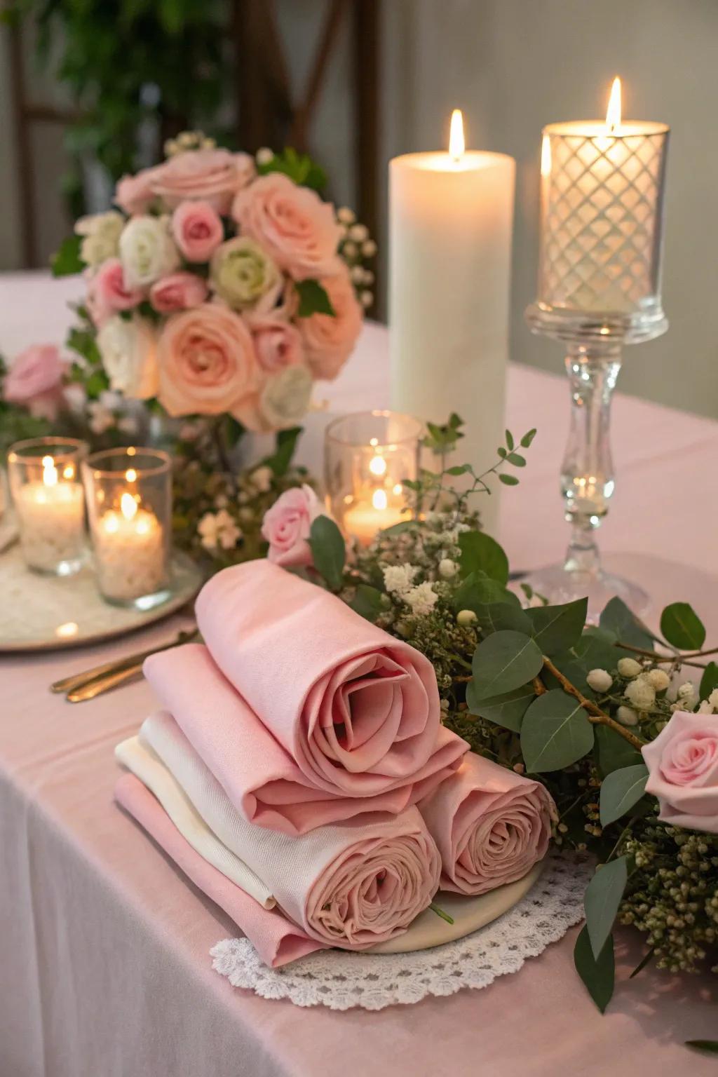 Floral-folded napkins create a romantic atmosphere.