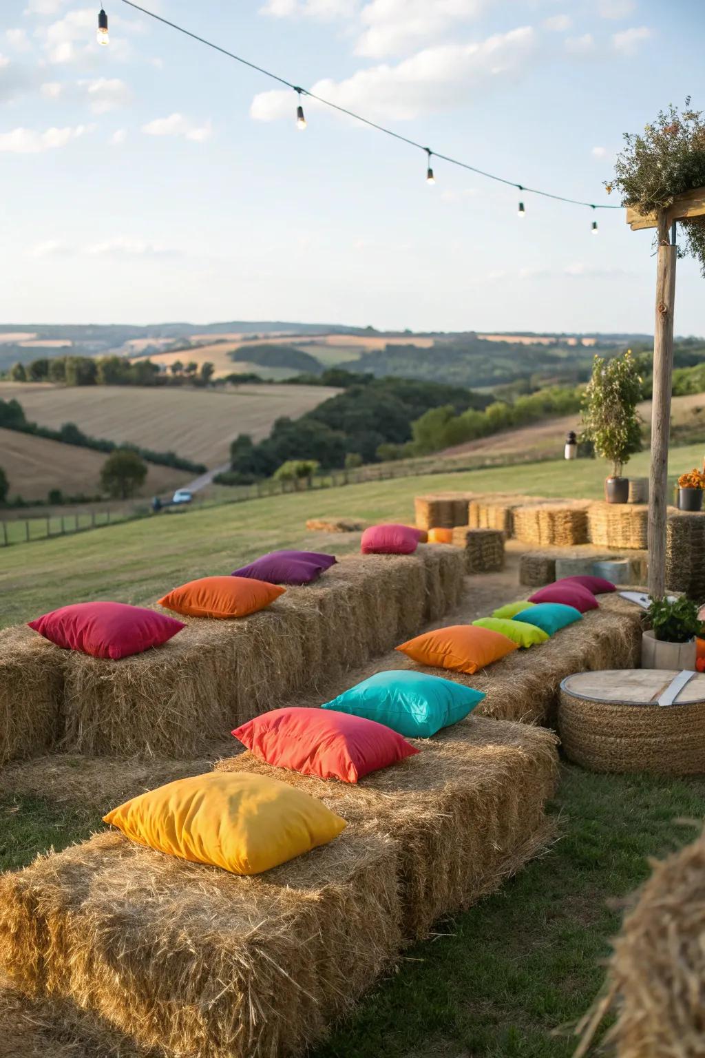 Straw bales arranged for seating provide a rustic and playful seating solution.