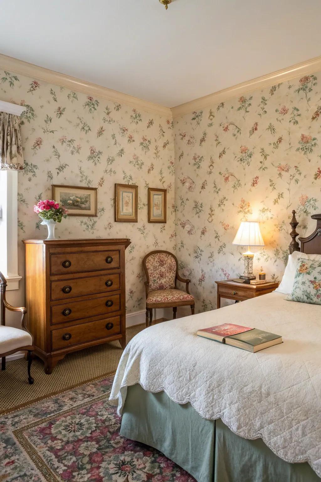 Classic wallpaper conjures a nostalgic setting.