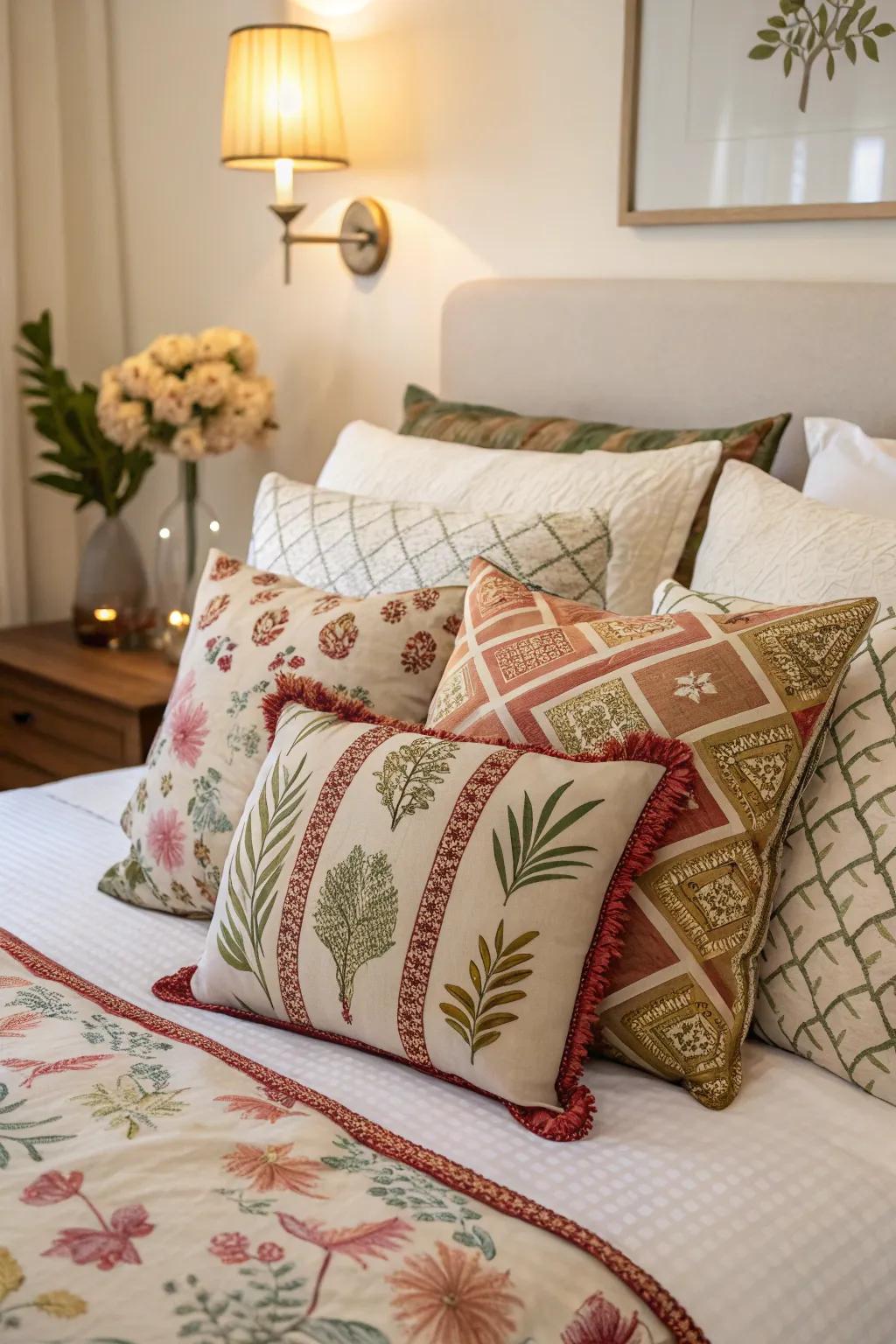 Decorative cushions contribute comfort and style to the bedding.
