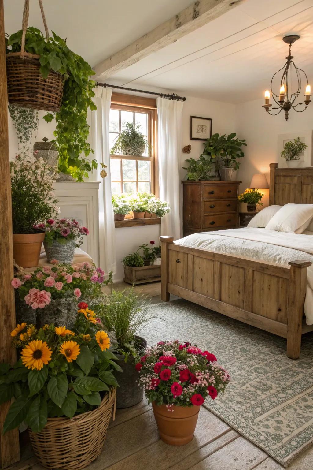 Natural elements breathe life and tranquility into the farmhouse bedroom.