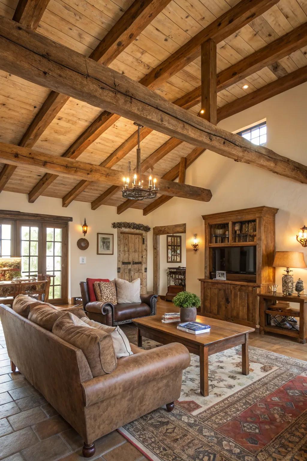 Repurposed timber ceilings bring depth and history to this farmhouse sitting room.
