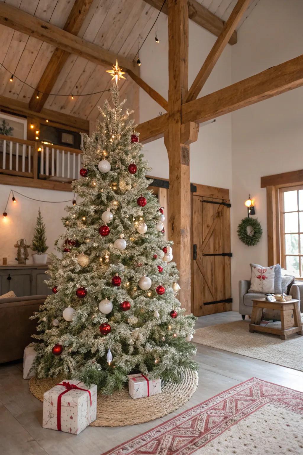 A subdued color scheme crafts a serene and sophisticated farmhouse Christmas tree.