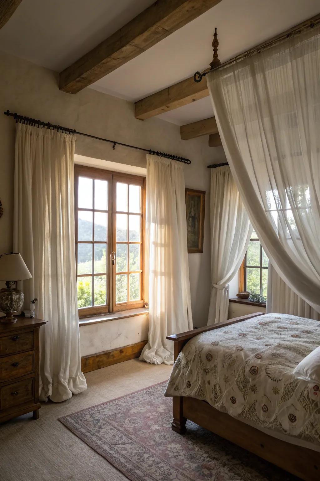 Layered sheer and heavy curtains making a farmhouse bedroom feel deeper.