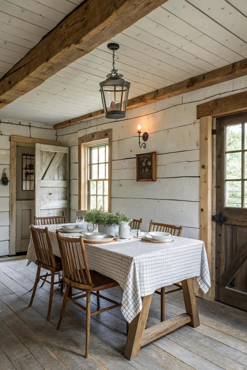 Plank walls impart a timeless farmhouse sensation to this snug dining space.
