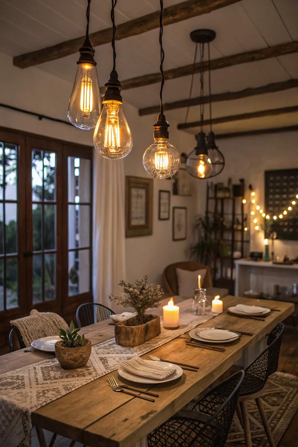 Edison bulbs add a timeless vintage charm to your dining space.