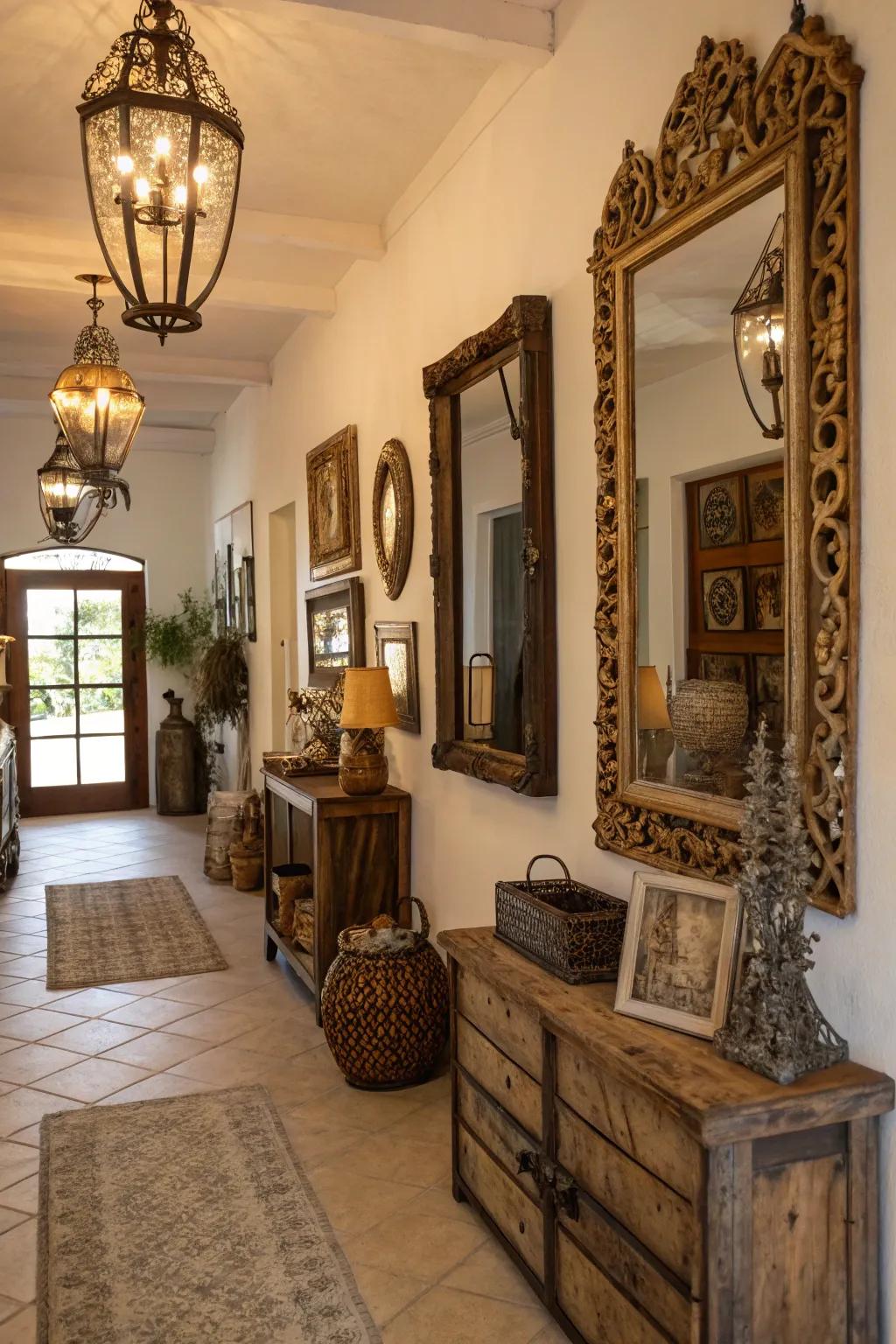 A farmhouse entryway invigorated by the elegance of classic looking glasses.