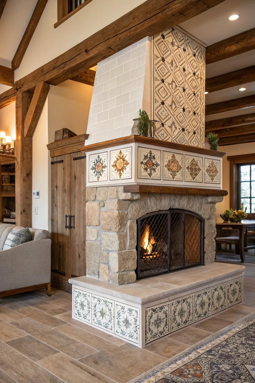A textured farmhouse fireplace featuring different materials.