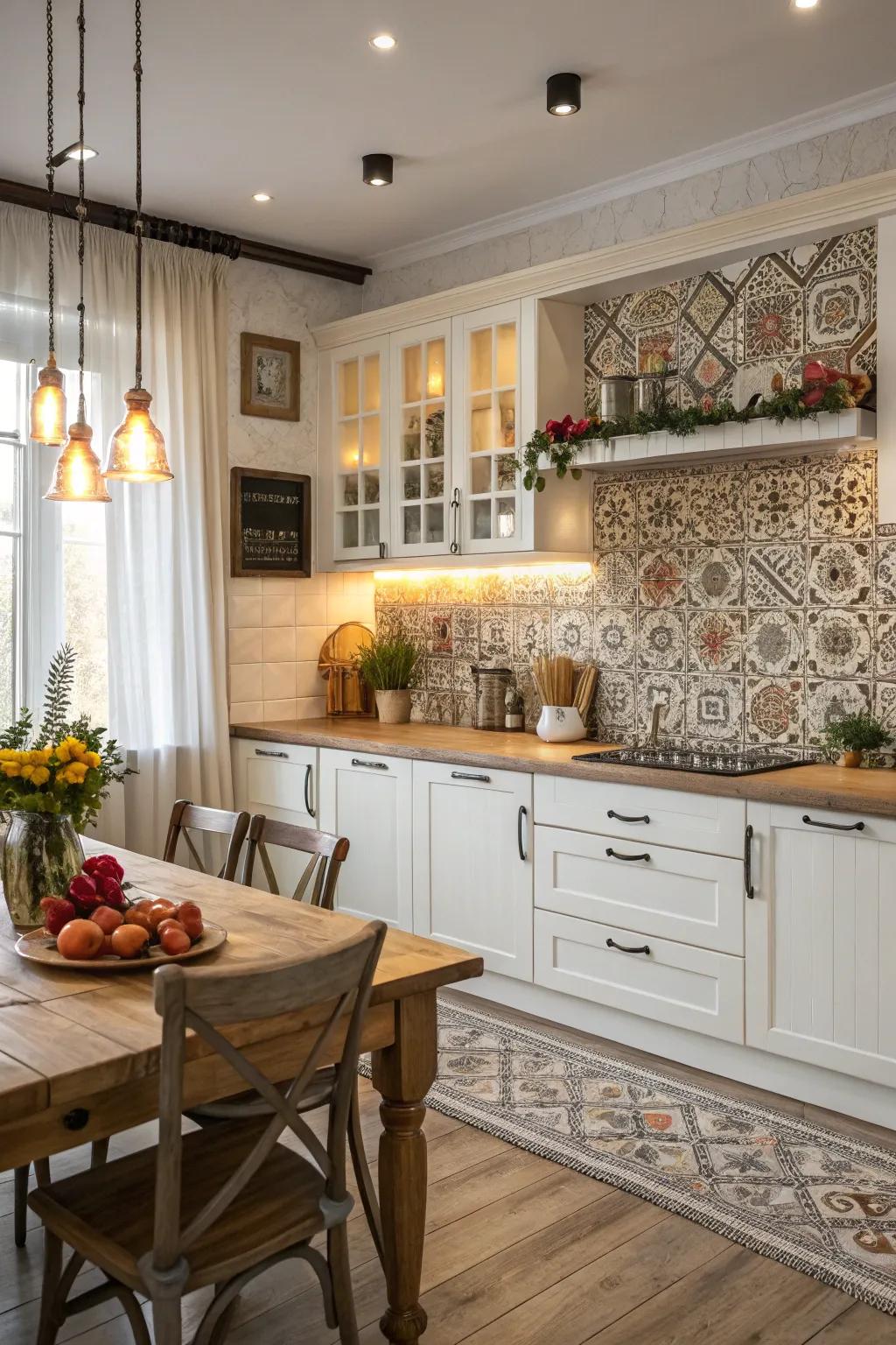 Decorative tiles add a vibrant burst to this farmhouse kitchen featuring white cabinets.