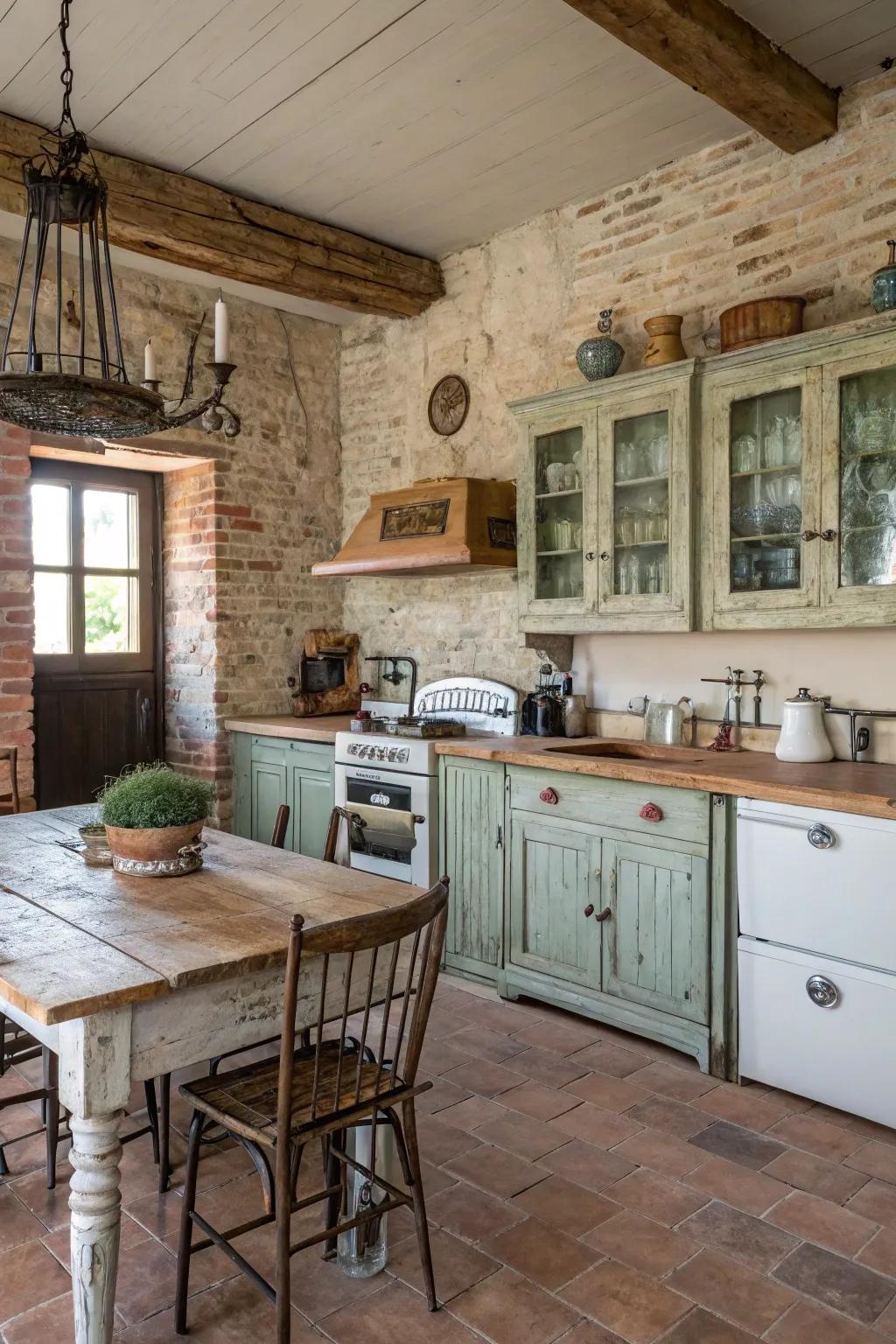 Weathered finishes contribute personality and warmth to a farmhouse kitchen.