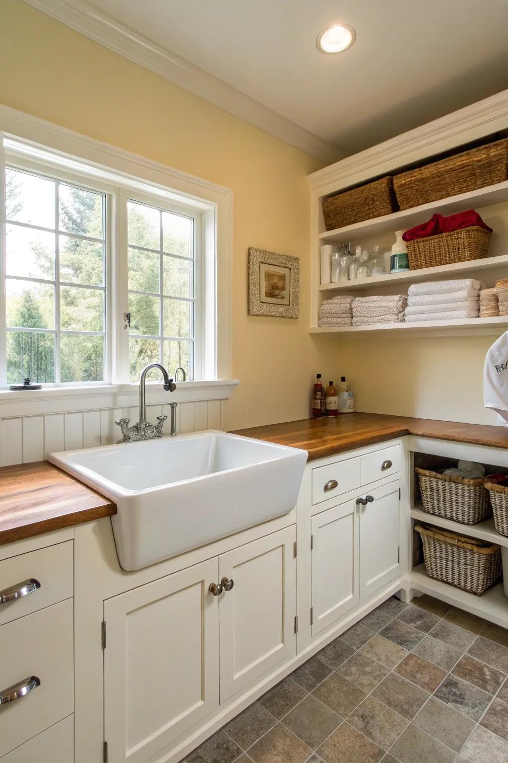 A timeless sink combines functionality with classic elegance in this laundry room.