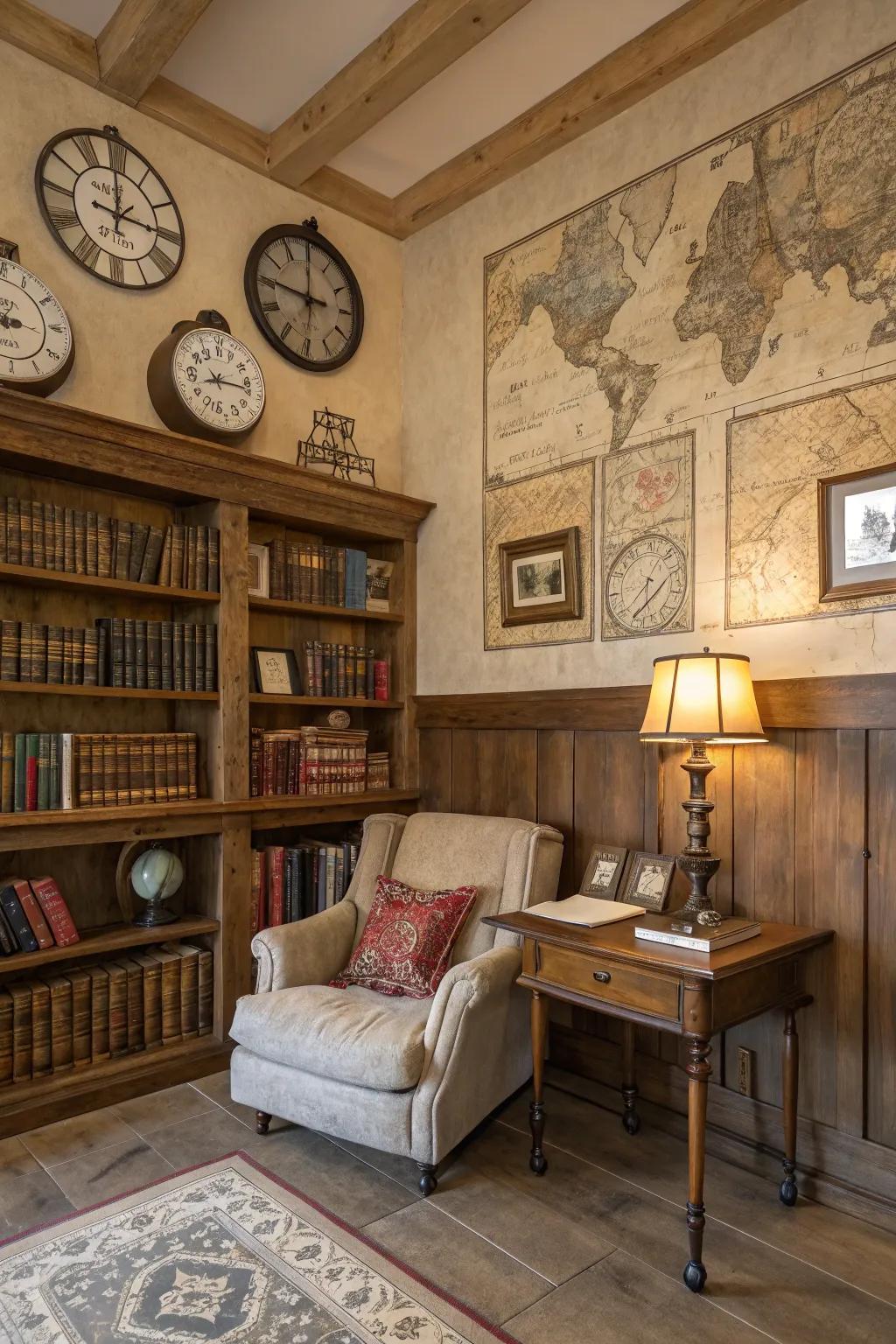 Vintage touches like antique clocks bring nostalgia into the library.