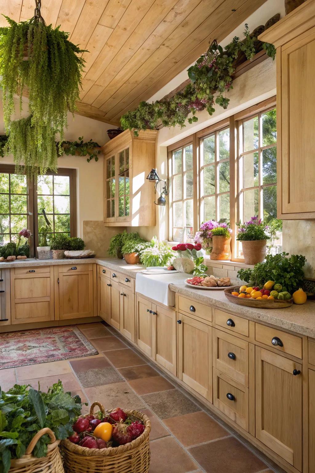 Greenery includes an all-natural touch to a cooking area with pale timber fittings.