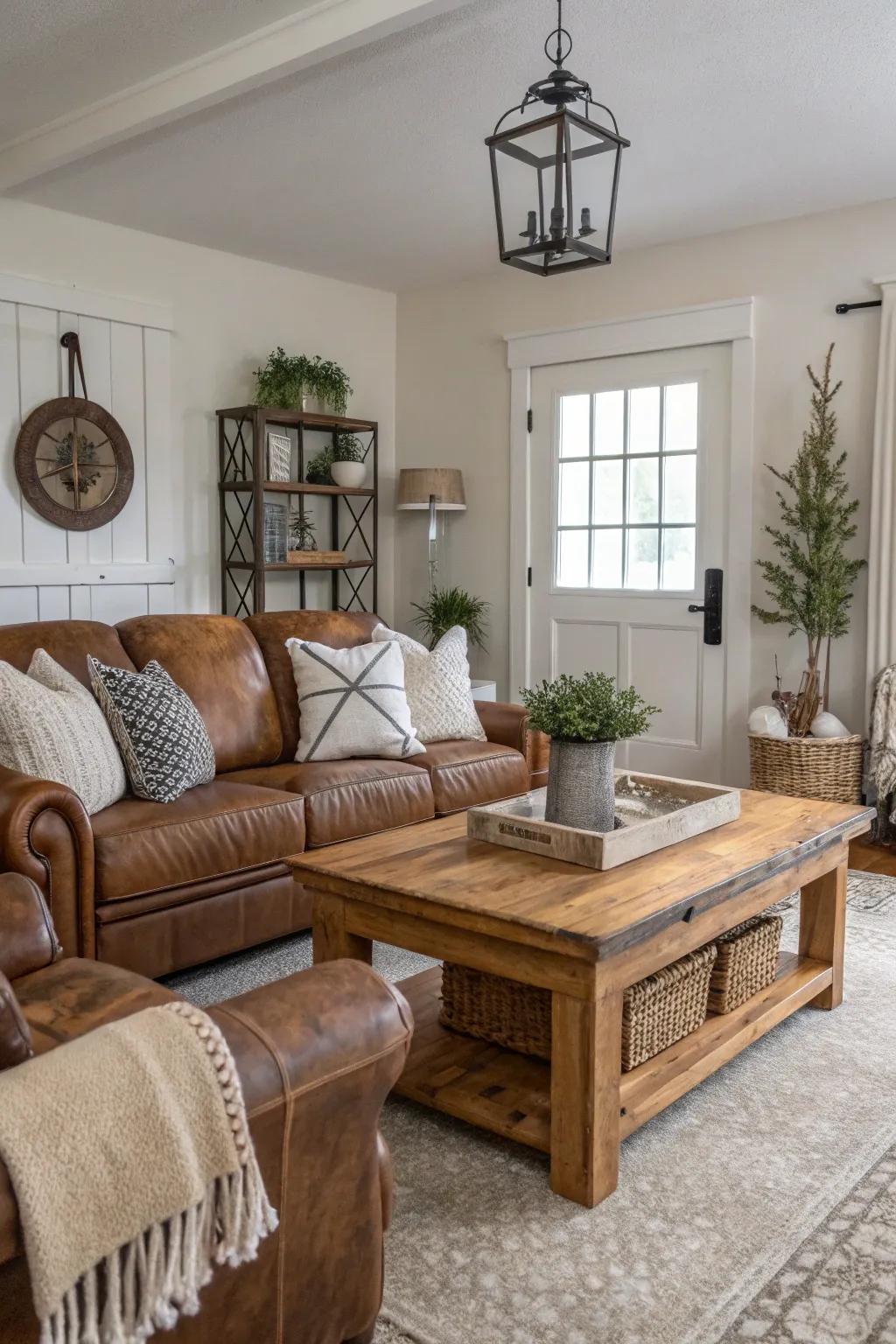 Subdued shades fashion a tranquil and balanced farmhouse family room.