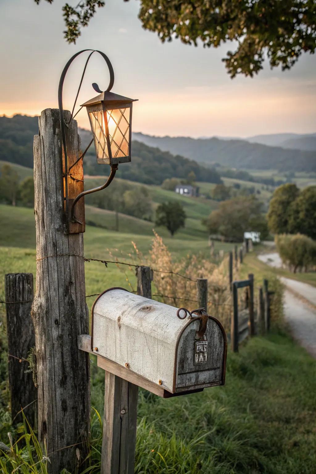 A suspended lantern adds warmth and charm to this farmhouse mailbox.