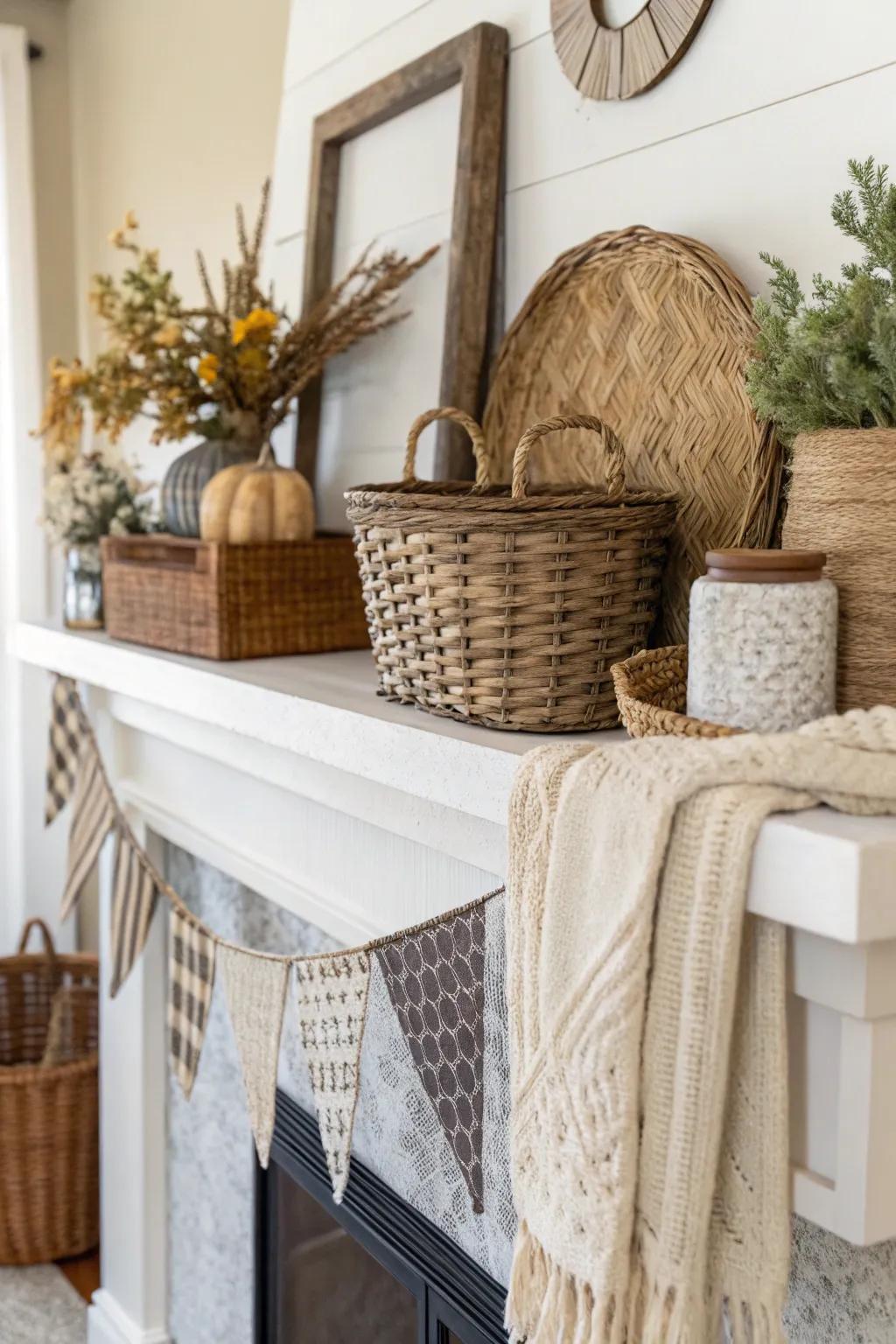 Layered textures bring depth and interest to the mantel.
