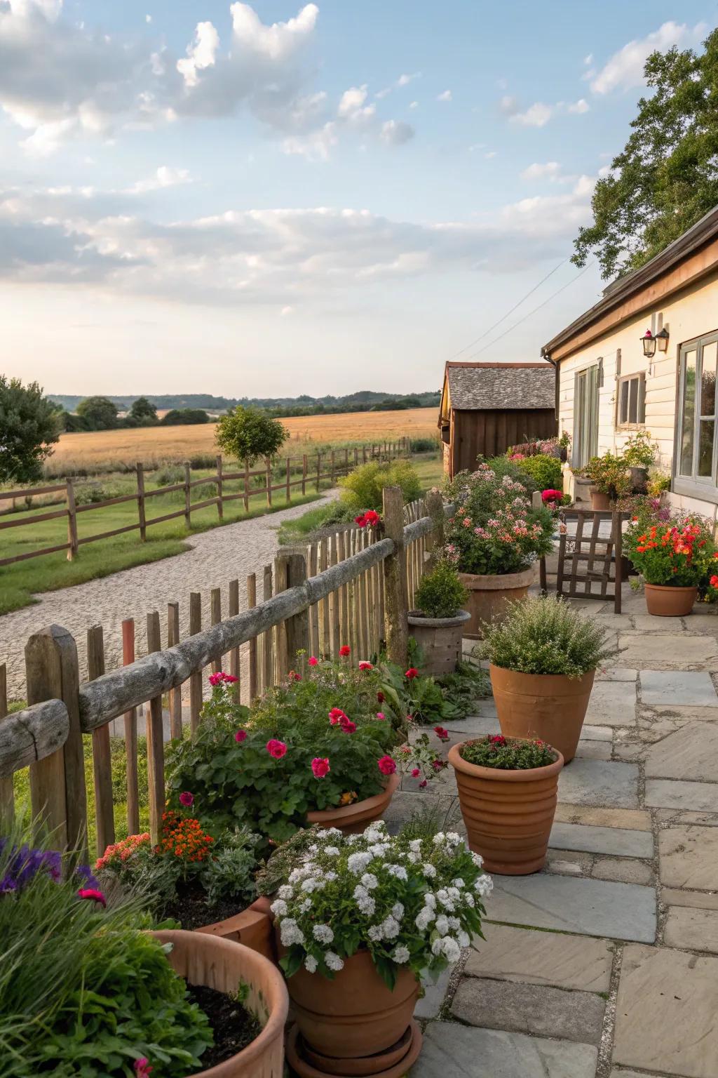 Lush potted plants bring vibrant greenery to a farmhouse patio.