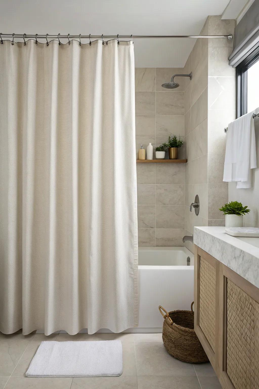 A minimalistic bathroom with an understated and refined shower curtain pattern.
