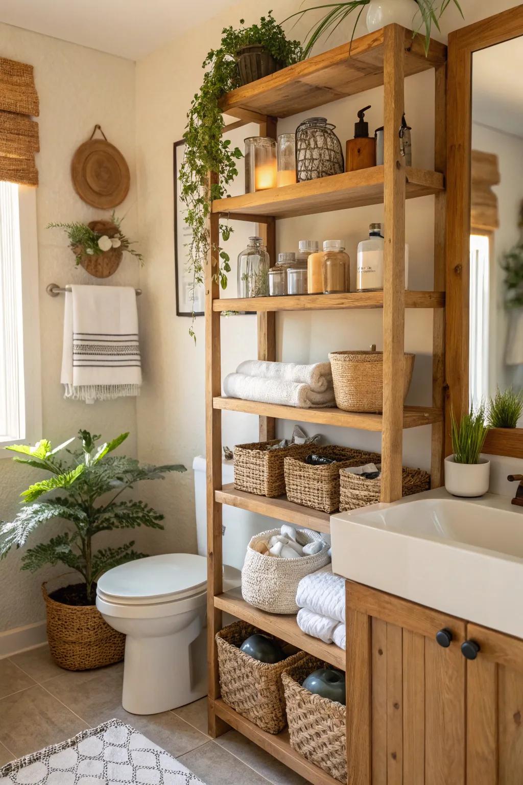 Open wooden shelving offers attractive storage in this farmhouse bathroom.