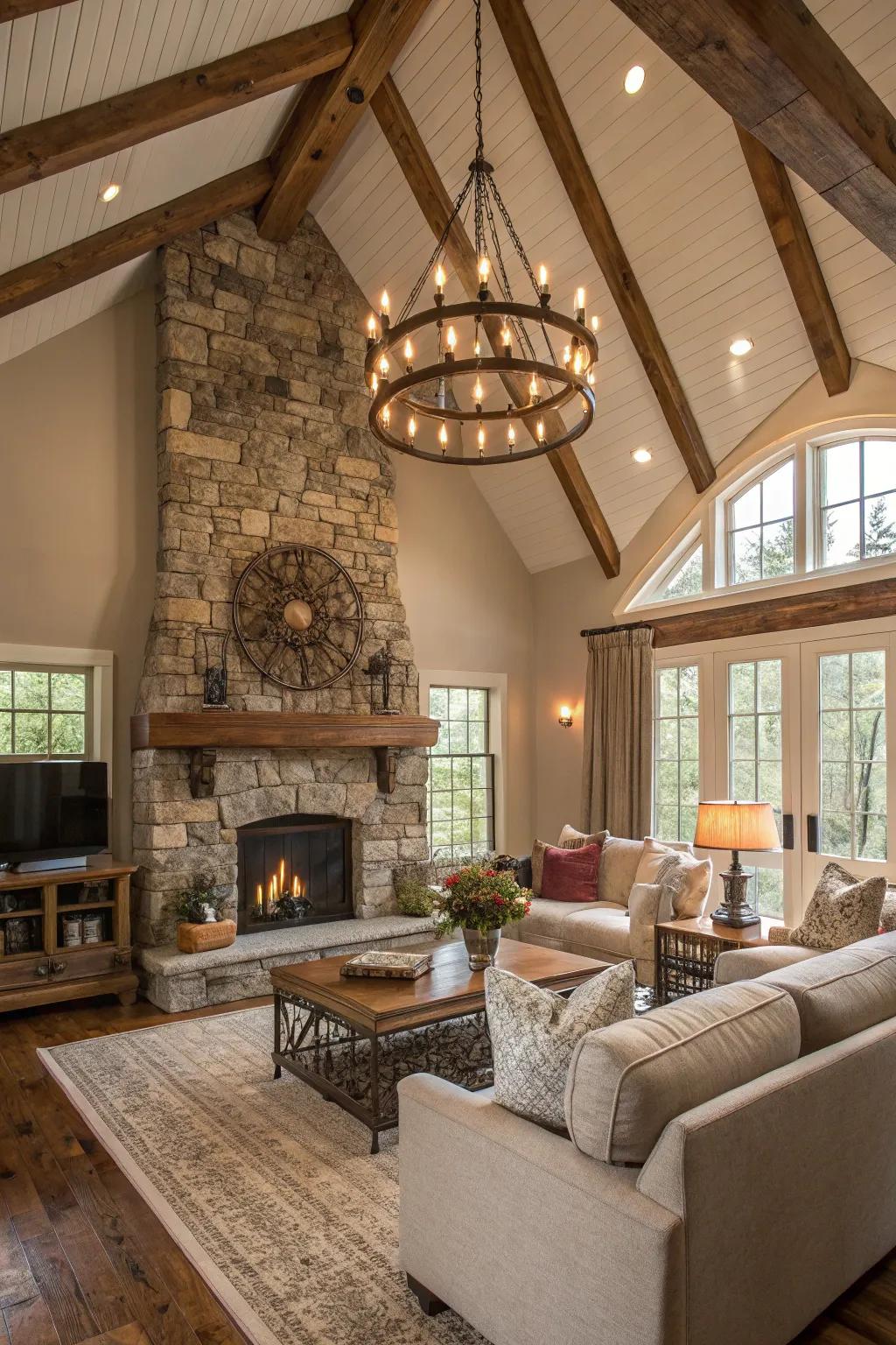 A rustic chandelier suspended in a farmhouse living space.