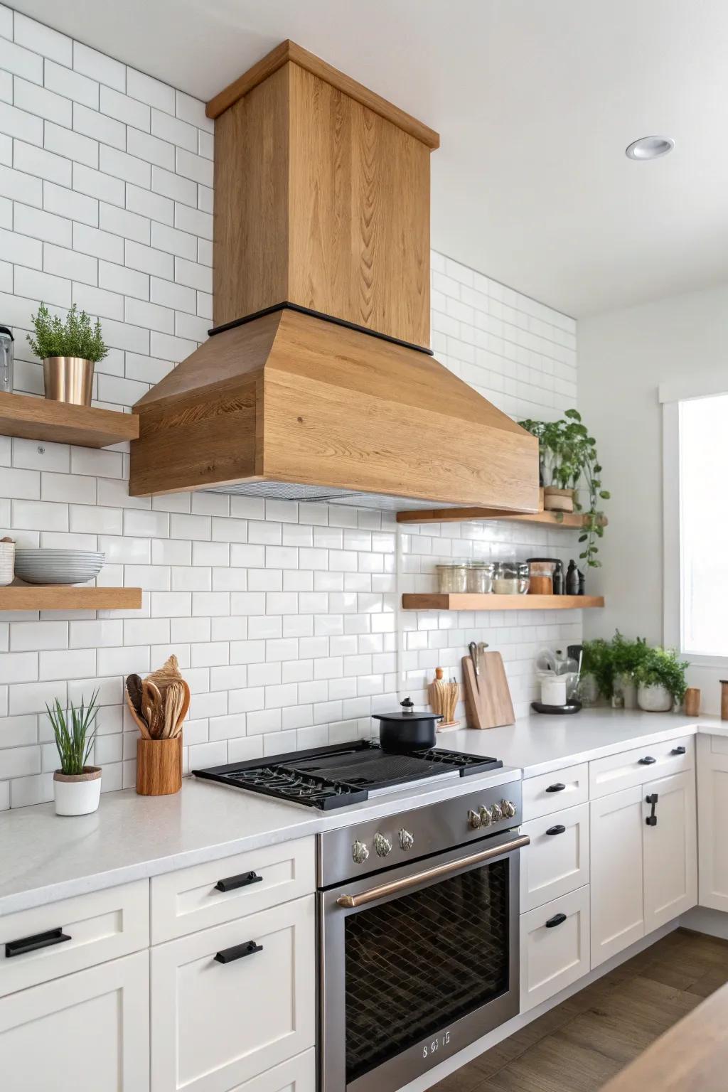 A block-shaped ventilator fits seamlessly into a minimalist farmhouse cooking area.
