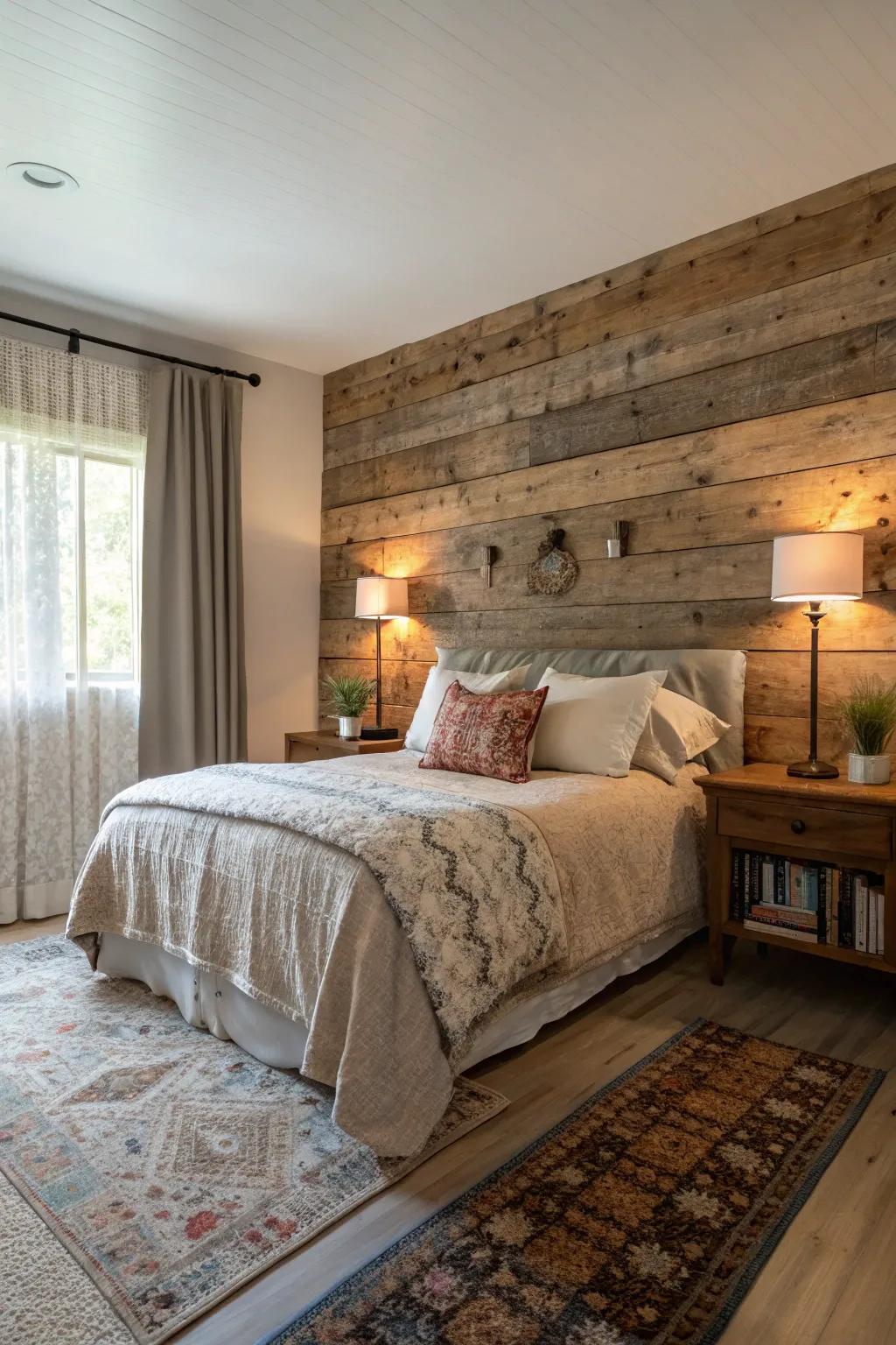 Salvaged timber crafts a cozy and inviting master bedroom atmosphere.