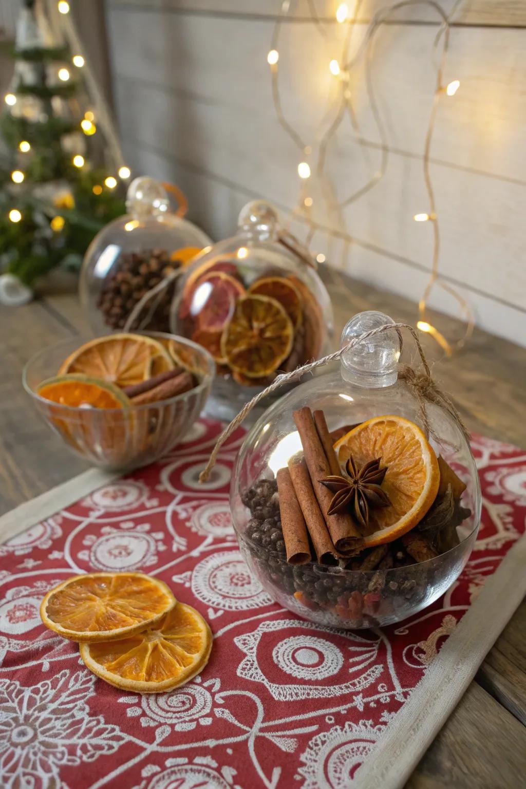 Ornaments packed with aromatic spices for a distinctive seasonal aroma.