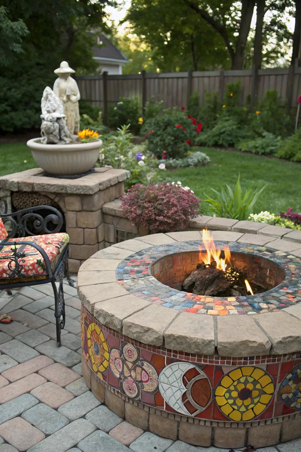 Mosaic tiles turn your fire pit into a piece of art.