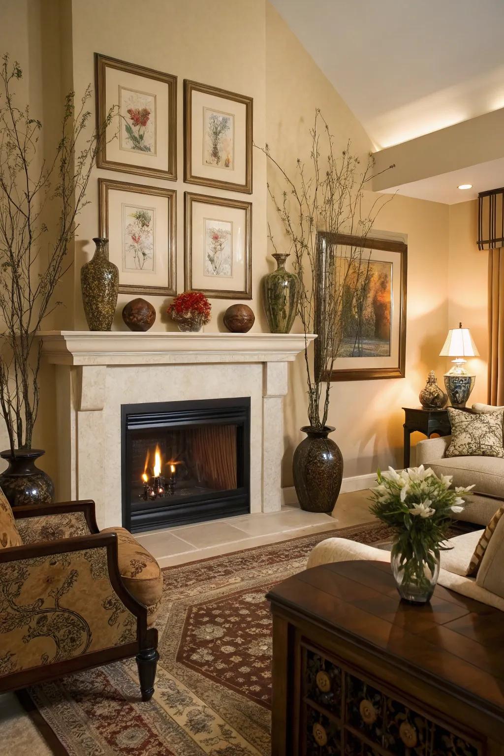 Decorative accents infuse the fireplace area with personality and charm.