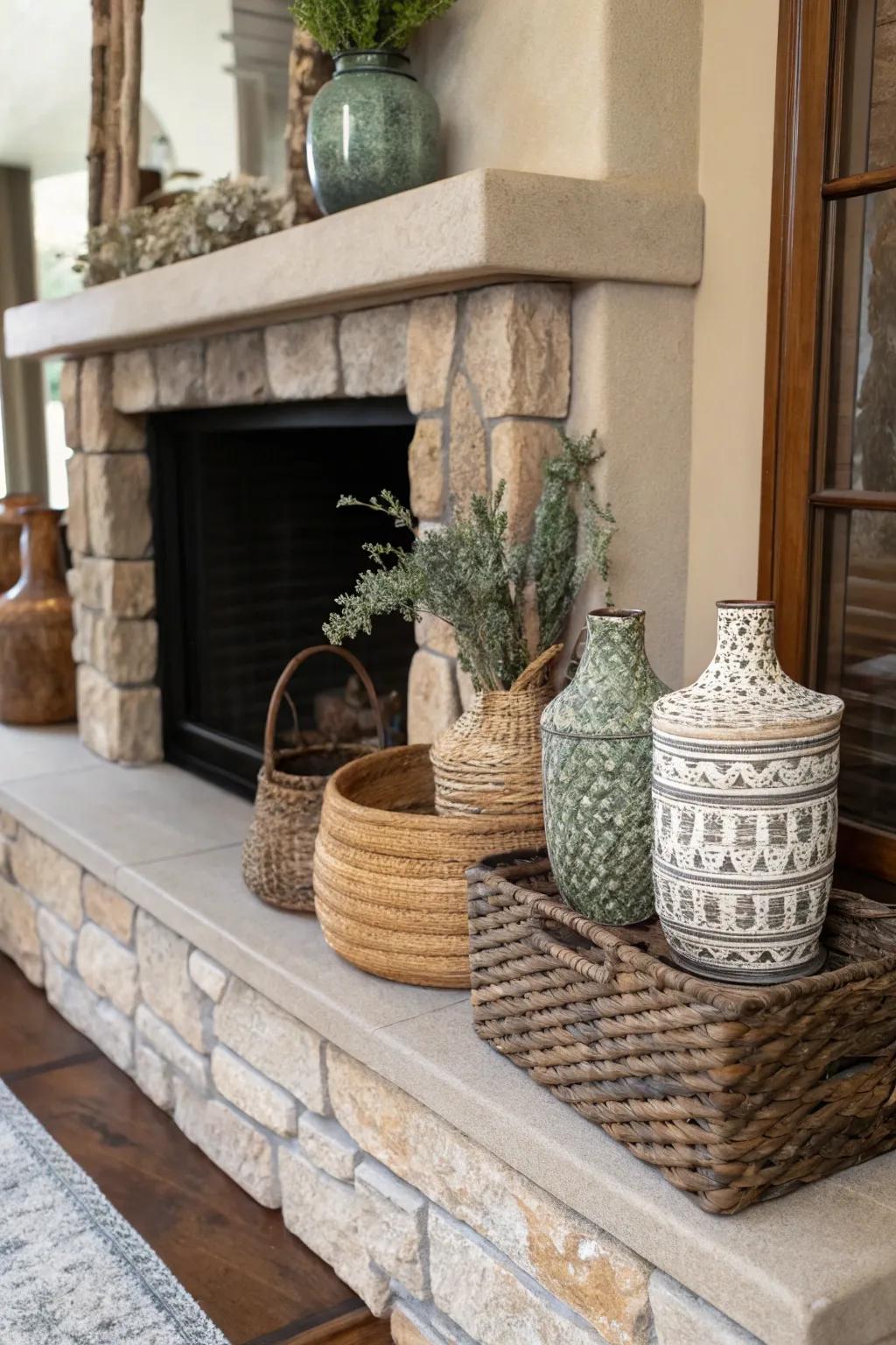Surfaced baskets and pitchers contribute dimension and storage to the hearth.