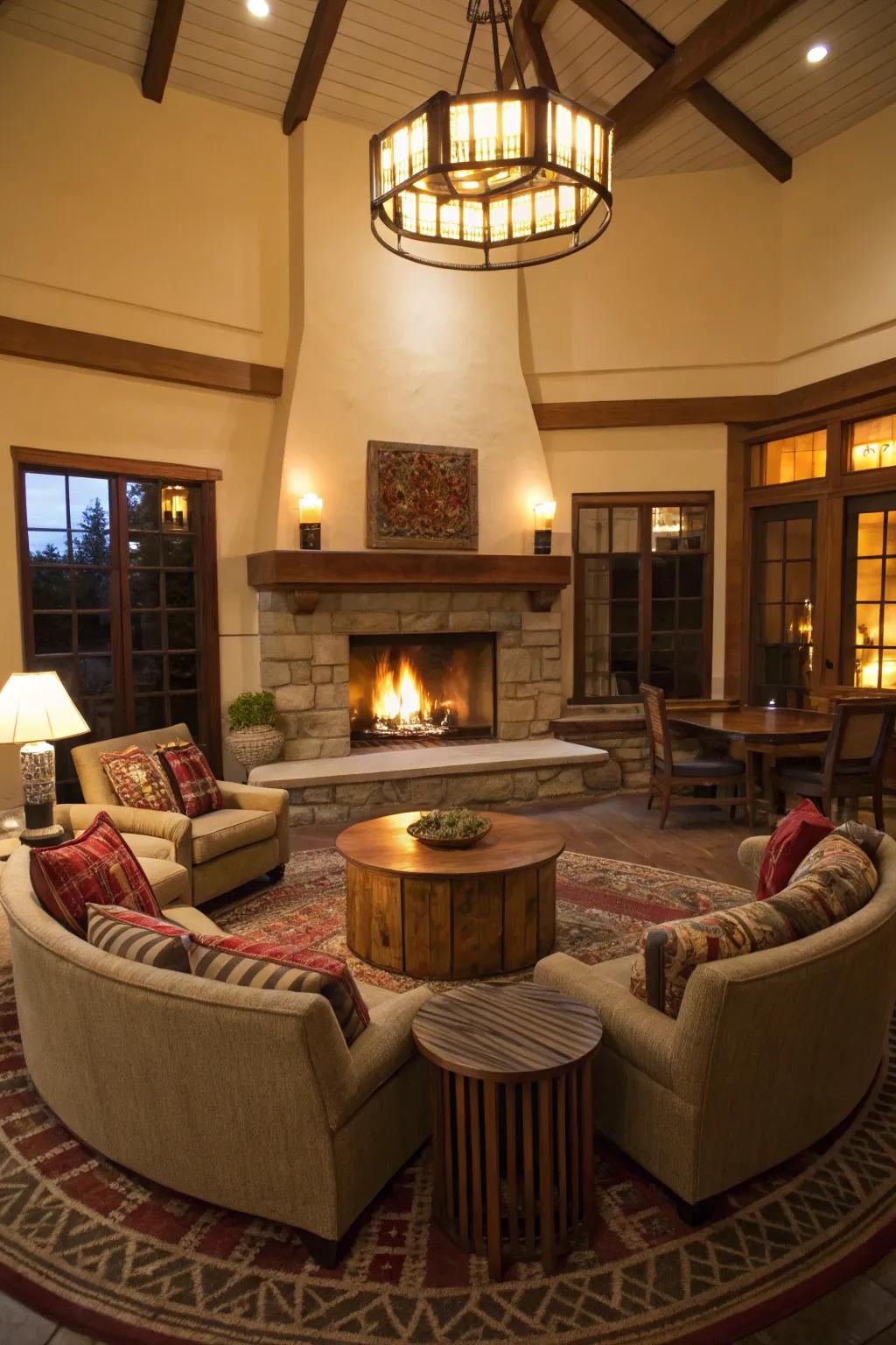 An inviting living space with a central fireplace and circular seating arrangement.