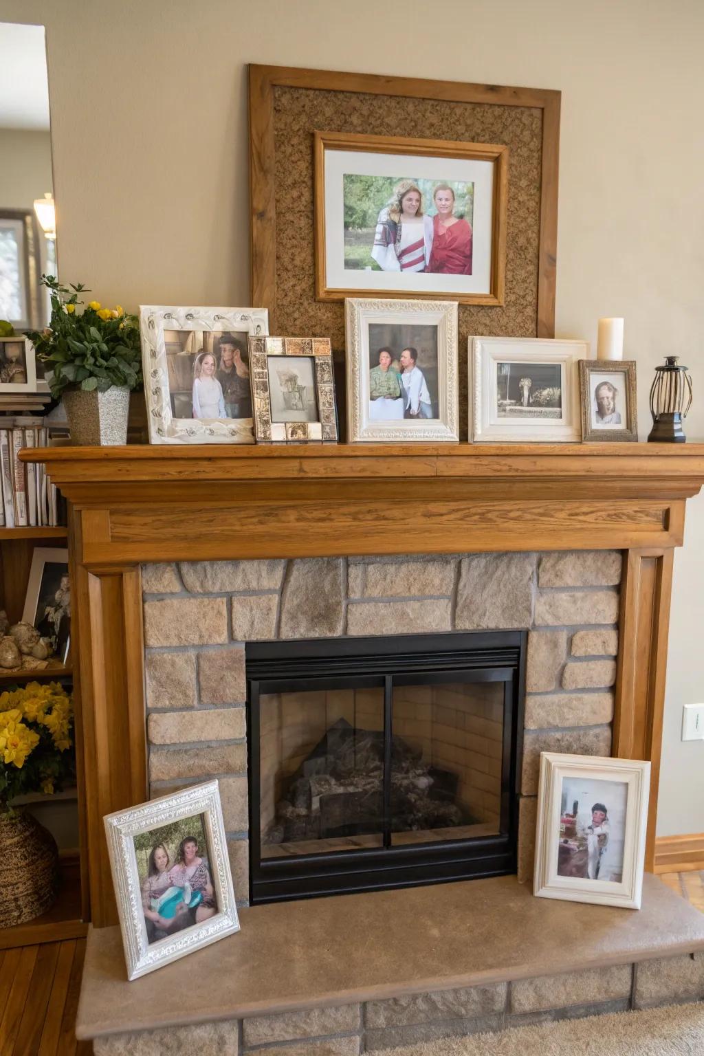 Personal portraits contributing affection and personality to the mantel