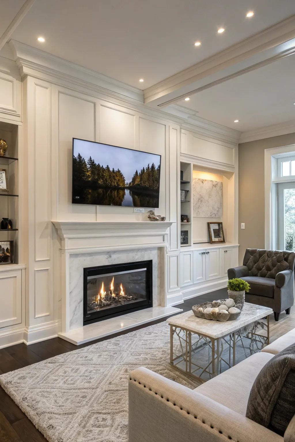 A smoothly integrated TV above the fireplace offers a contemporary touch.