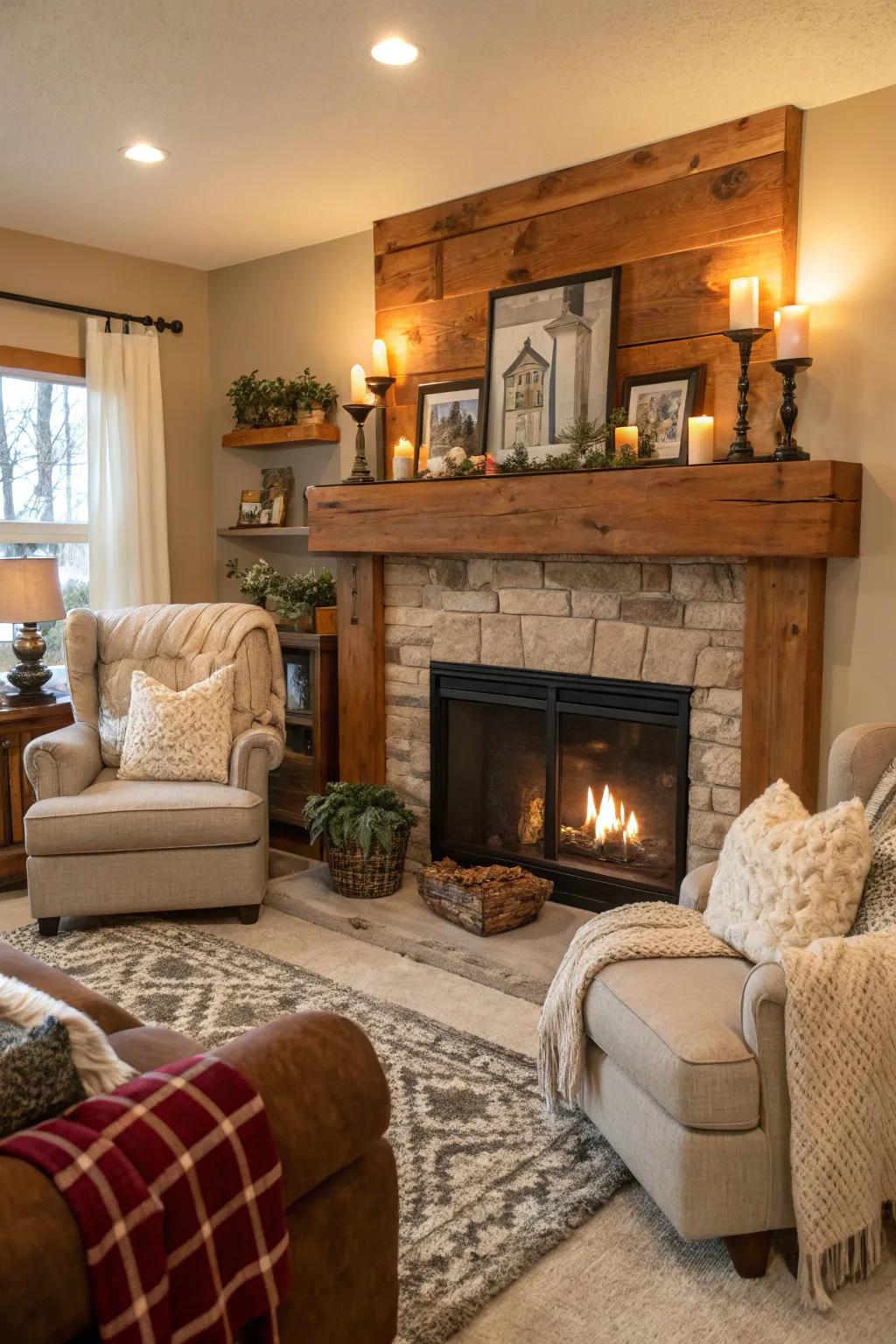 Genuine wood mantels add warmth and country charm.