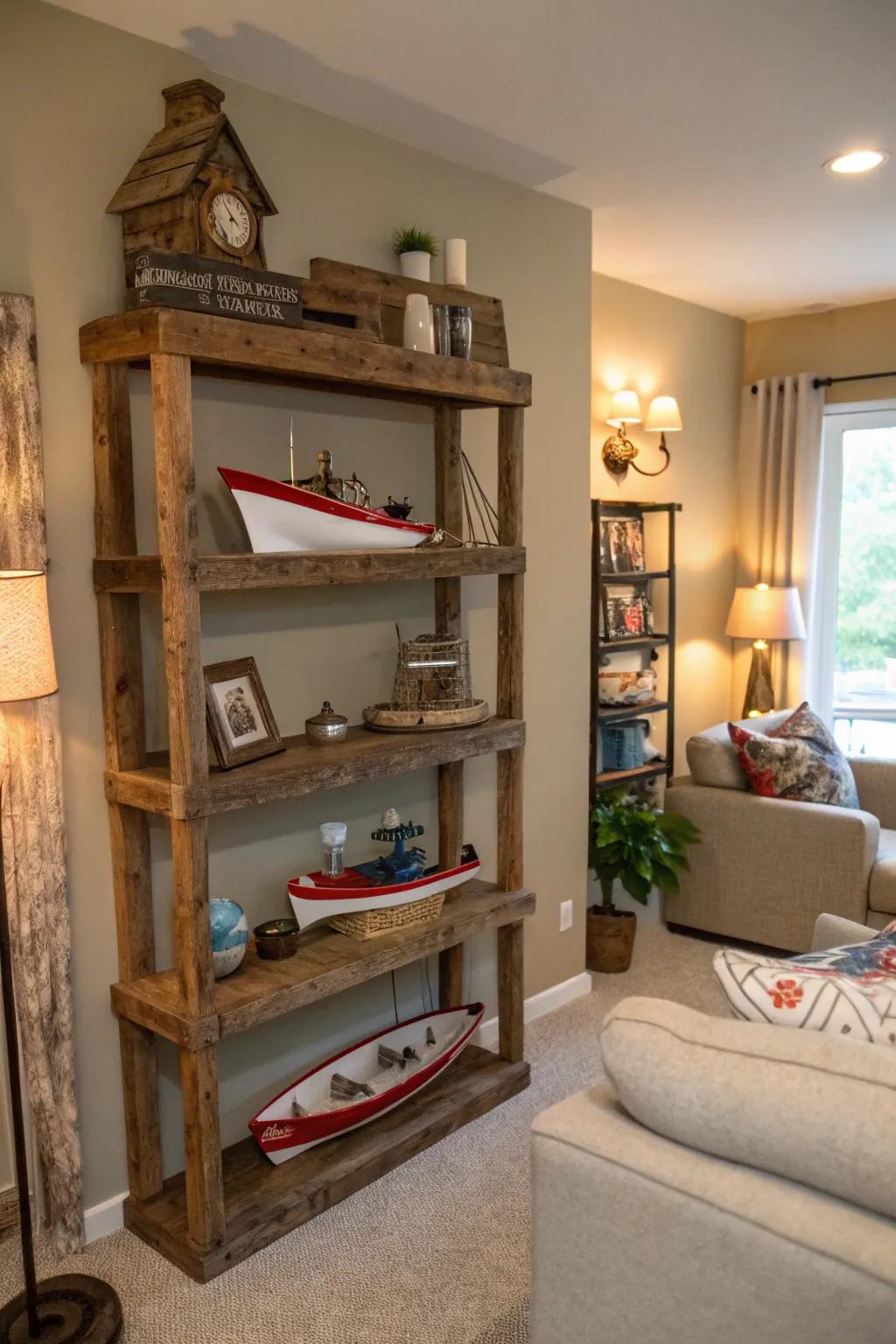 Old wood racks perfectly display fishing ornaments.