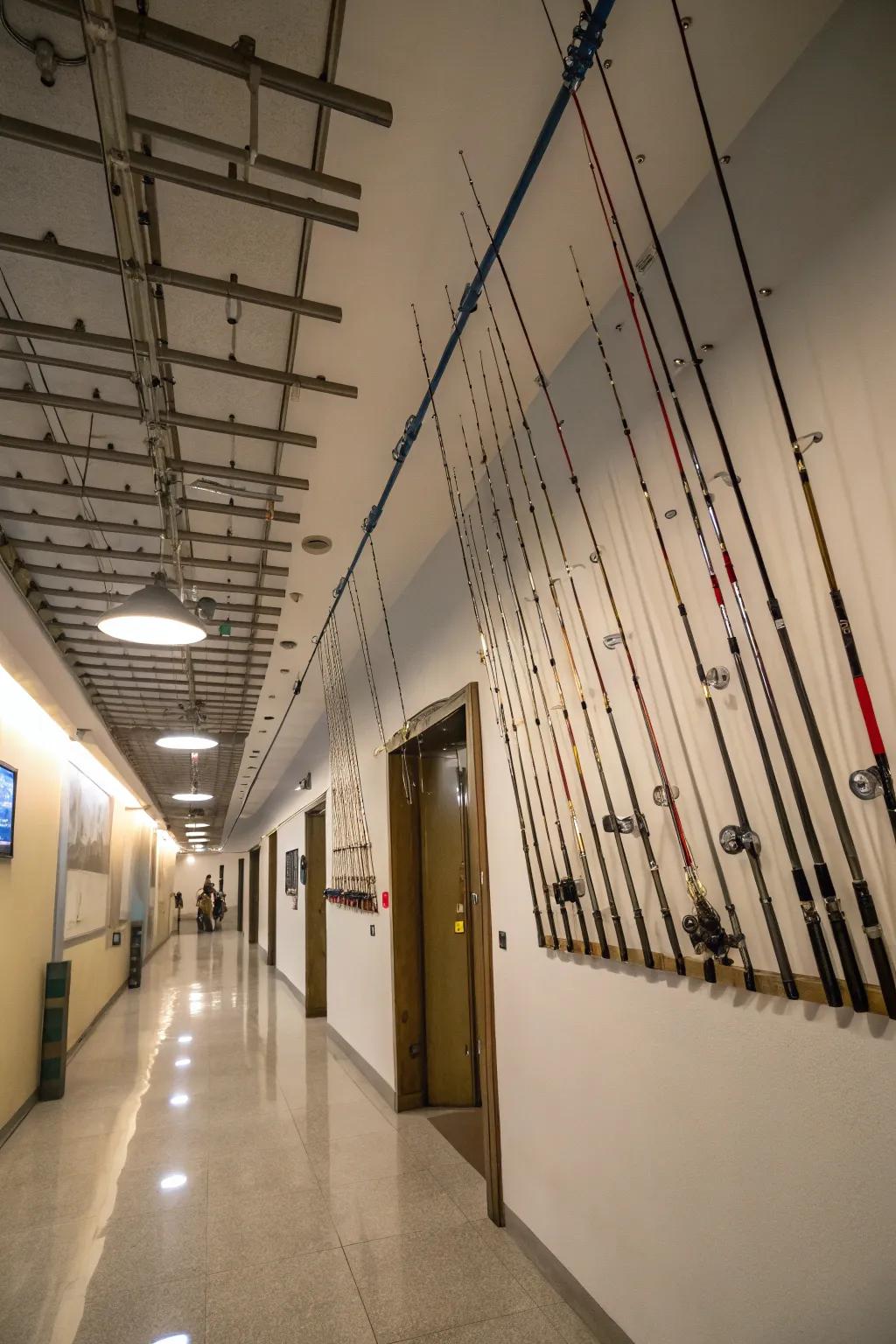 Conjure an inviting ambiance through the overhead showcase of angling poles.